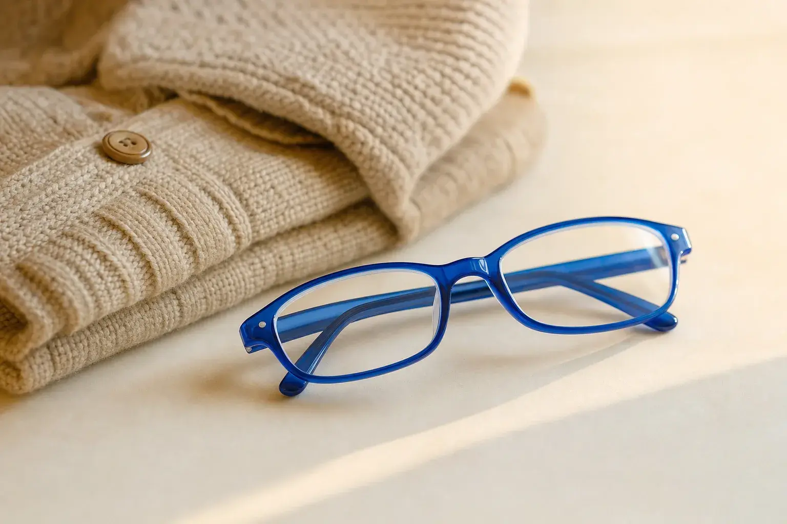 A small pair of child-sized blue eyeglasses resting beside a folded jumper