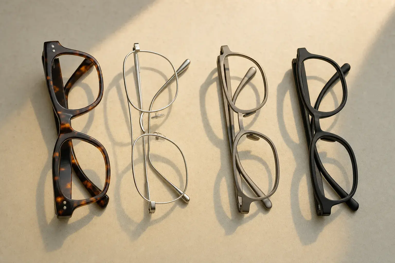 Four pairs of eyeglasses in different frame materials laid in a row, seen from above