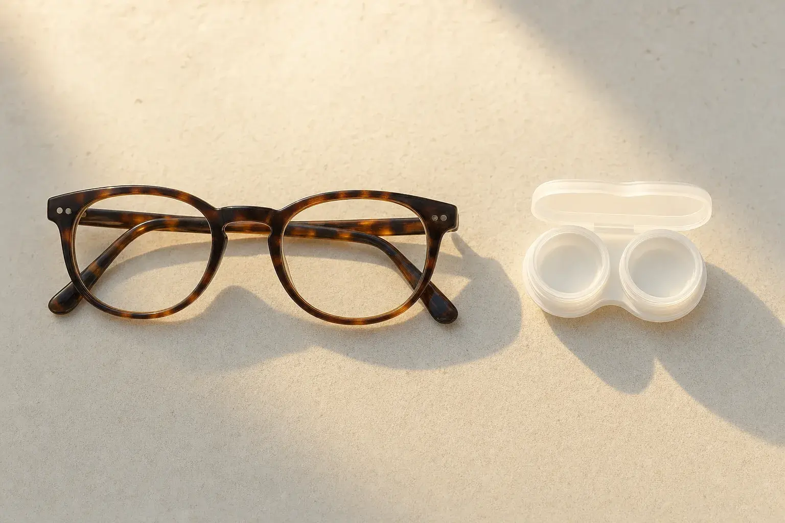A pair of eyeglasses beside an open contact lens case, seen from above