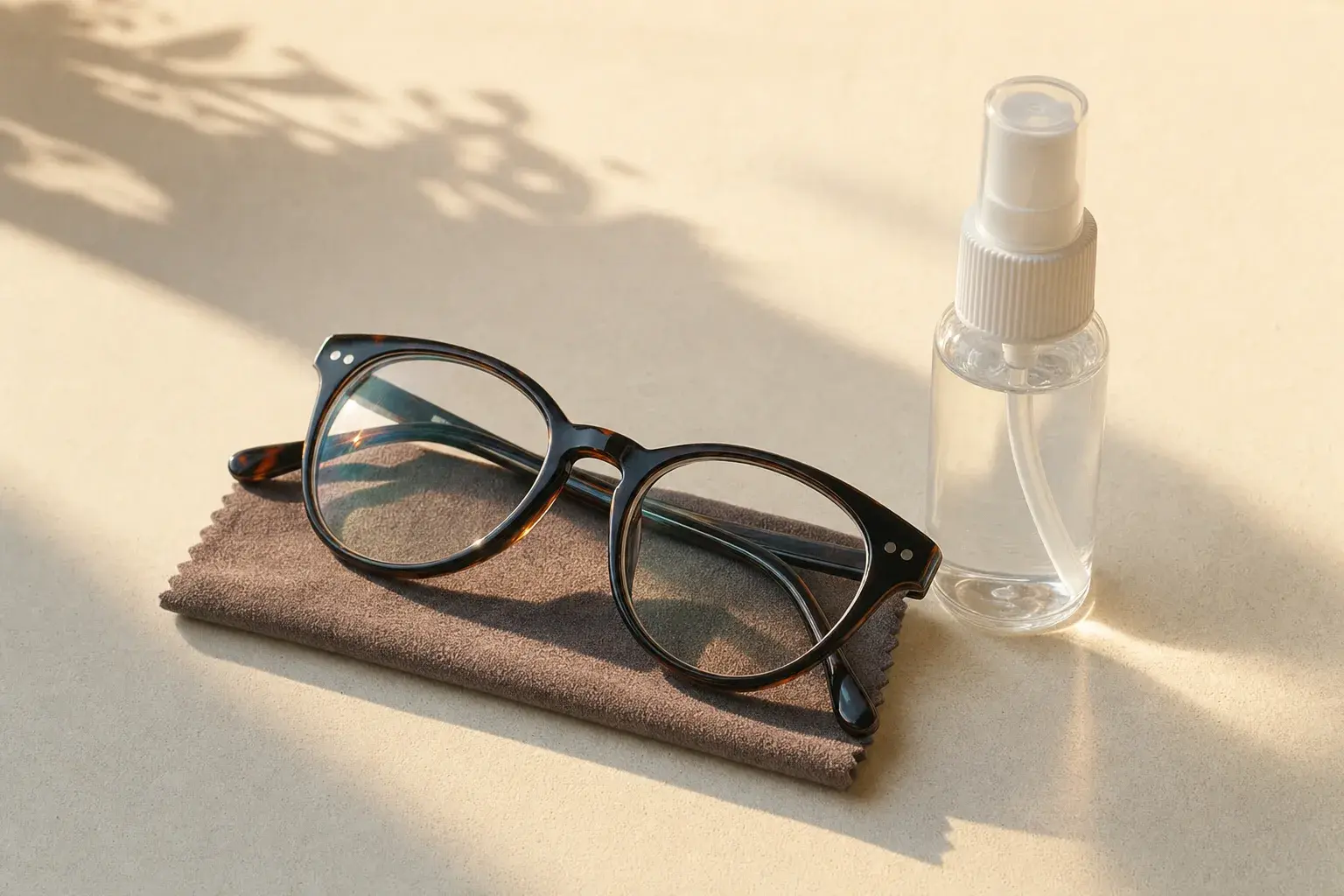 Four numbered cleaning steps - rinse, soap, rinse again, microfibre - above a list of what never to clean lenses with