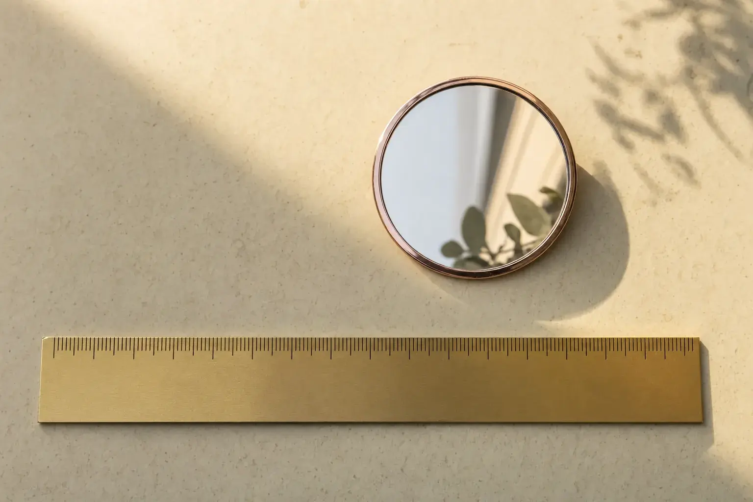 A millimetre ruler lying beside a small round mirror, seen from above