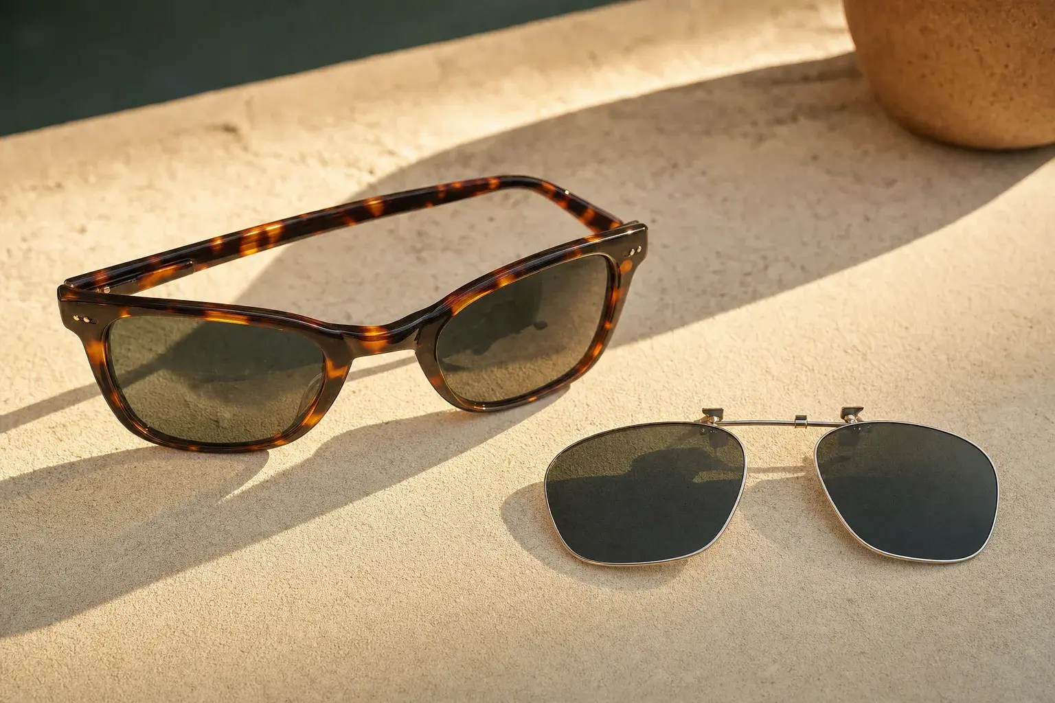 Two pairs of sunglasses side by side in strong sunlight, casting crisp shadows