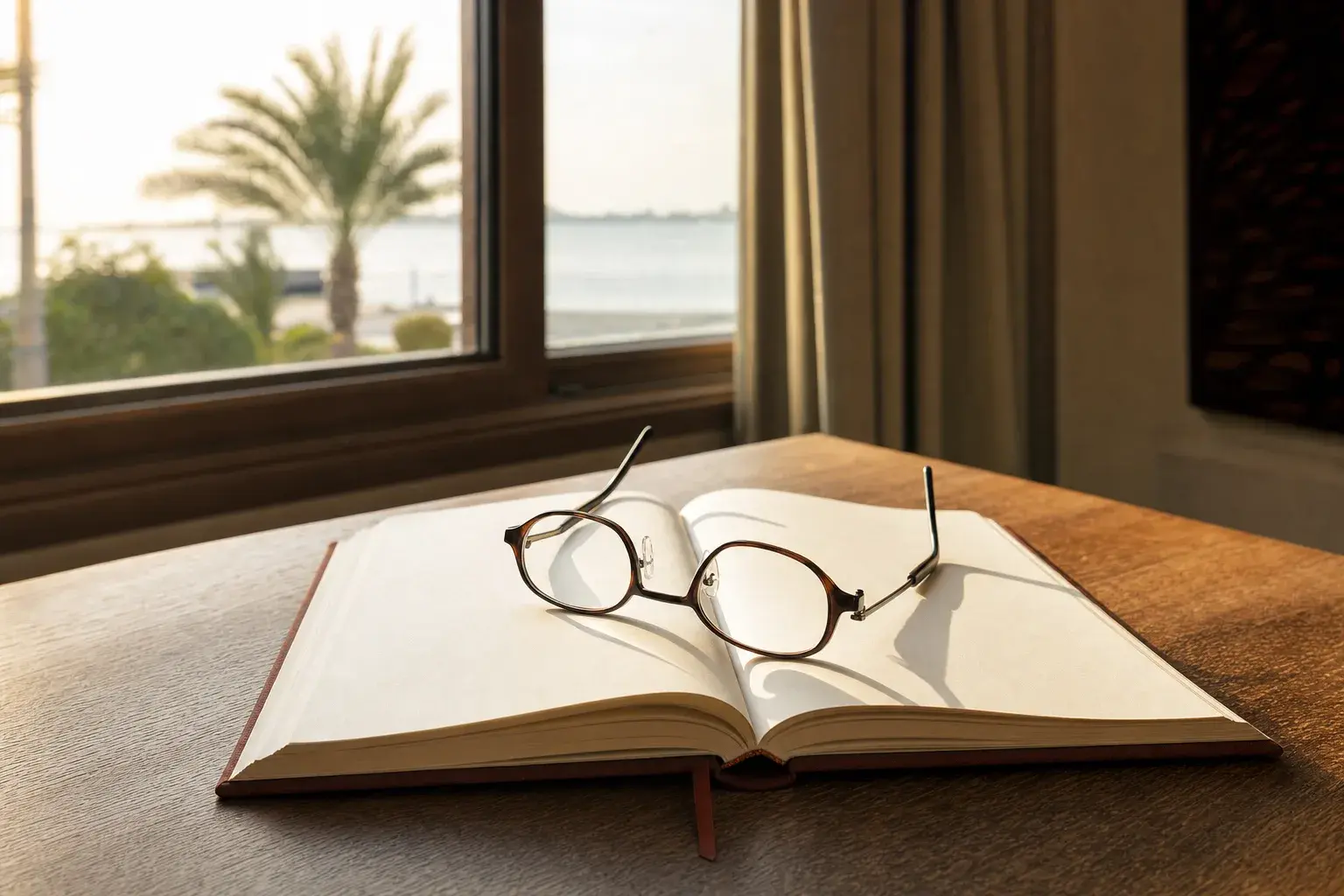 Eyeglasses resting on an open book on a wooden table in warm daylight